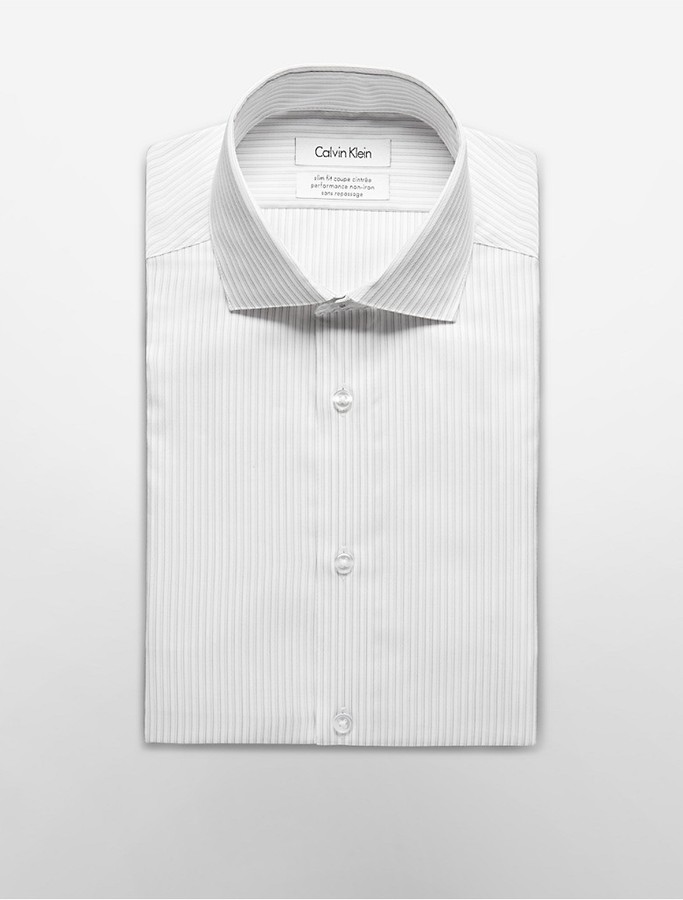 Calvin Klein Steel Slim Fit Grey White Stripe Non Iron Dress Shirt, $75 | Calvin  Klein | Lookastic
