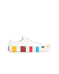 White Vertical Striped Leather Low Top Sneakers