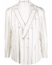 White Vertical Striped Linen Double Breasted Blazer