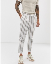 ASOS DESIGN Tapered Crop Smart Trousers In White Linen Mix Stripe