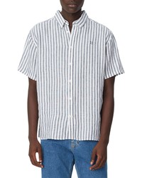 LES DEUX Chris Stripe Short Sleeve Linen Shirt In Turbulencewhite At Nordstrom