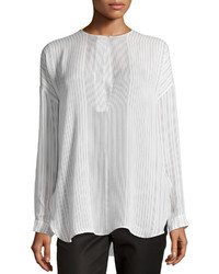 White Vertical Striped Long Sleeve Blouse