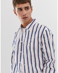 Tommy Jeans Classic Stripe Shirt With Flag Logo In Whitenavyred