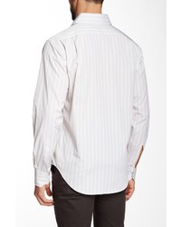 Lorenzo Uomo White Khaki Fine Stripe Long Sleeve Trim Fit Shirt
