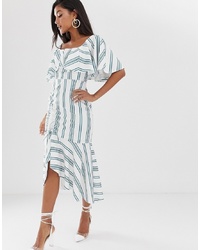 ASOS DESIGN Square Neck Striped Midi Dress With Ruched Skirt And Pep Hem
