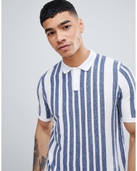 ASOS DESIGN Knitted Muscle Fit Polo With Vertical Stripe In Blue And White