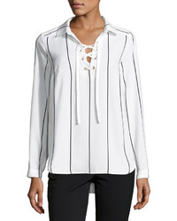 Kensie Lace Up Striped Shirt White