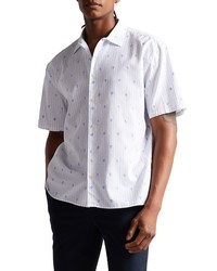Ted Baker London Floral Stripe Short Sleeve Cotton Button Up Shirt In White At Nordstrom