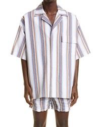Bianca Saunders Summer Stripe Short Sleeve Cotton Blend Button Up Shirt