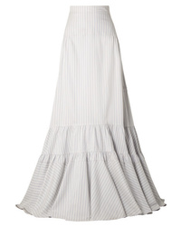 White Vertical Striped Silk Maxi Skirt