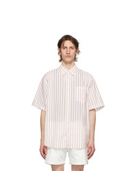 White Vertical Striped Silk Short Sleeve Shirt