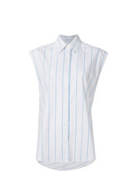 White Vertical Striped Sleeveless Button Down Shirt