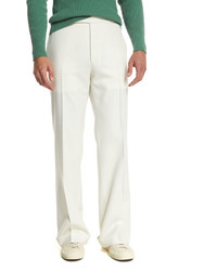 Tom Ford Solid Flat Front Wool Trousers Ivory