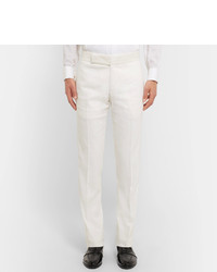 Giorgio Armani White Slim Fit Grosgrain Trimmed Stretch Virgin Wool And Linen Blend Tuxedo Trousers