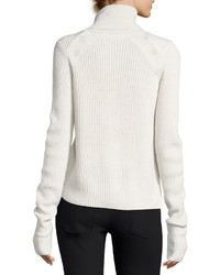 Veronica Beard Pearson Turtleneck Ribbed Wool Sweater W Button Trim