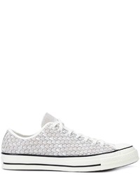 White Woven Canvas Low Top Sneakers