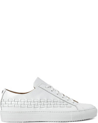 White Woven Leather Low Top Sneakers