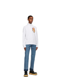 JW Anderson White Embroidered Face Half Zip Sweater