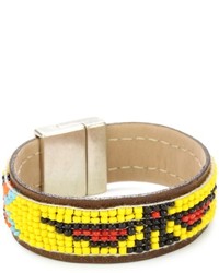 Streets Ahead 34 Yellow Beaded With Brown Leather Trim Cuff Bracelet