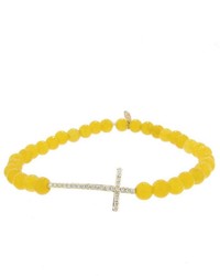 Sydney Evan Small Diamond Cross In Yellow Gold On Yellow Jade Bead Bracelet