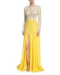 Naeem Khan Nem Khan Long Sleeve Beaded Silk Lace Gown Yellow