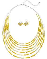 Yellow Beaded Multi Strand Necklace Drop Earring Set