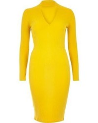 River Island Yellow Ribbed Choker Bodycon Dress