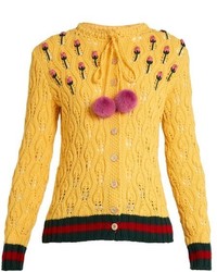 Gucci Rose Embroidered Mink Pompom Crochet Cardigan