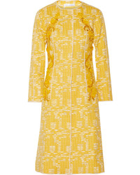 Oscar de la Renta Embellished Cotton Blend Tweed Coat Yellow