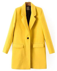 Lapel Single Button Pockets Woolen Yellow Coat