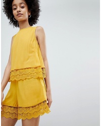 Miss Selfridge Playsuit With Double Crochet Layer In Ochre