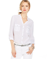 NY Collection Tab Sleeve Lace Trim Utility Shirt