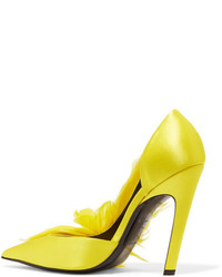 Balenciaga Feather Embellished Satin Pumps Bright Yellow
