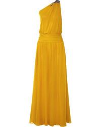 Yellow Embellished Silk Evening Dress