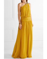 Roberto Cavalli One Shoulder Embellished Silk Georgette Gown Saffron