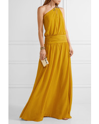 Roberto Cavalli One Shoulder Embellished Silk Georgette Gown Saffron
