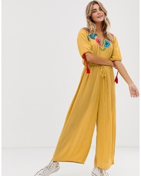 ASOS DESIGN Jumpsuit With Embroidery And Tie Sleeve Detail