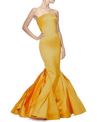 Zac Posen Strapless Fitted Gown Wtrumpet Skirt Marigold