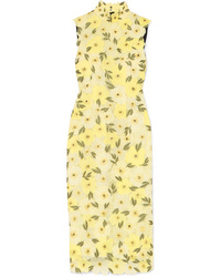 Yellow Floral Chiffon Midi Dress