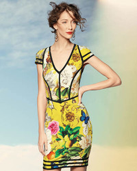 Roberto Cavalli Floral Print Punto Cap Sleeve Dress Yellow