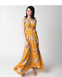Unique Vintage 1970s Style Mustard Floral Sleeveless Crepe Wrap Maxi Dress
