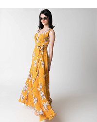 Unique Vintage 1970s Style Mustard Floral Sleeveless Crepe Wrap Maxi Dress