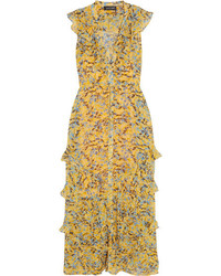 Saloni Lizzie Ruffled Floral Print Chiffon Maxi Dress Yellow