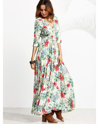 Shein Plunge Split Front Elbow Sleeve Floral Print Dress