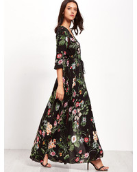 Shein Plunge Split Front Elbow Sleeve Floral Print Dress