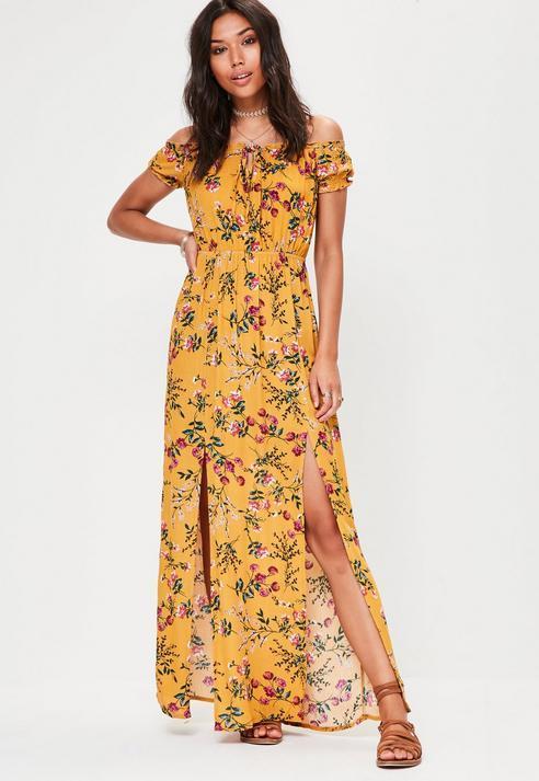 Missguided Yellow Floral Print Bardot Maxi Dress, $23 | Missguided ...