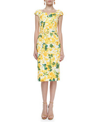 Oscar de la Renta Cap Sleeve Floral Print Dress Yellow