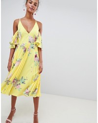 ASOS DESIGN Pleated Plunge Midi Floral Print Dress
