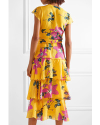 Etro Ruffled Floral Print Silk De Chine Midi Dress