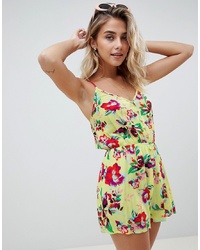 ASOS DESIGN Playsuit In Crinkle With Button Front In Floral Print
